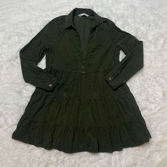 Zara Dress Army Green Corduroy Tiered Small Long Sleeve Vneck Gold Button Fall - Picture 2 of 10